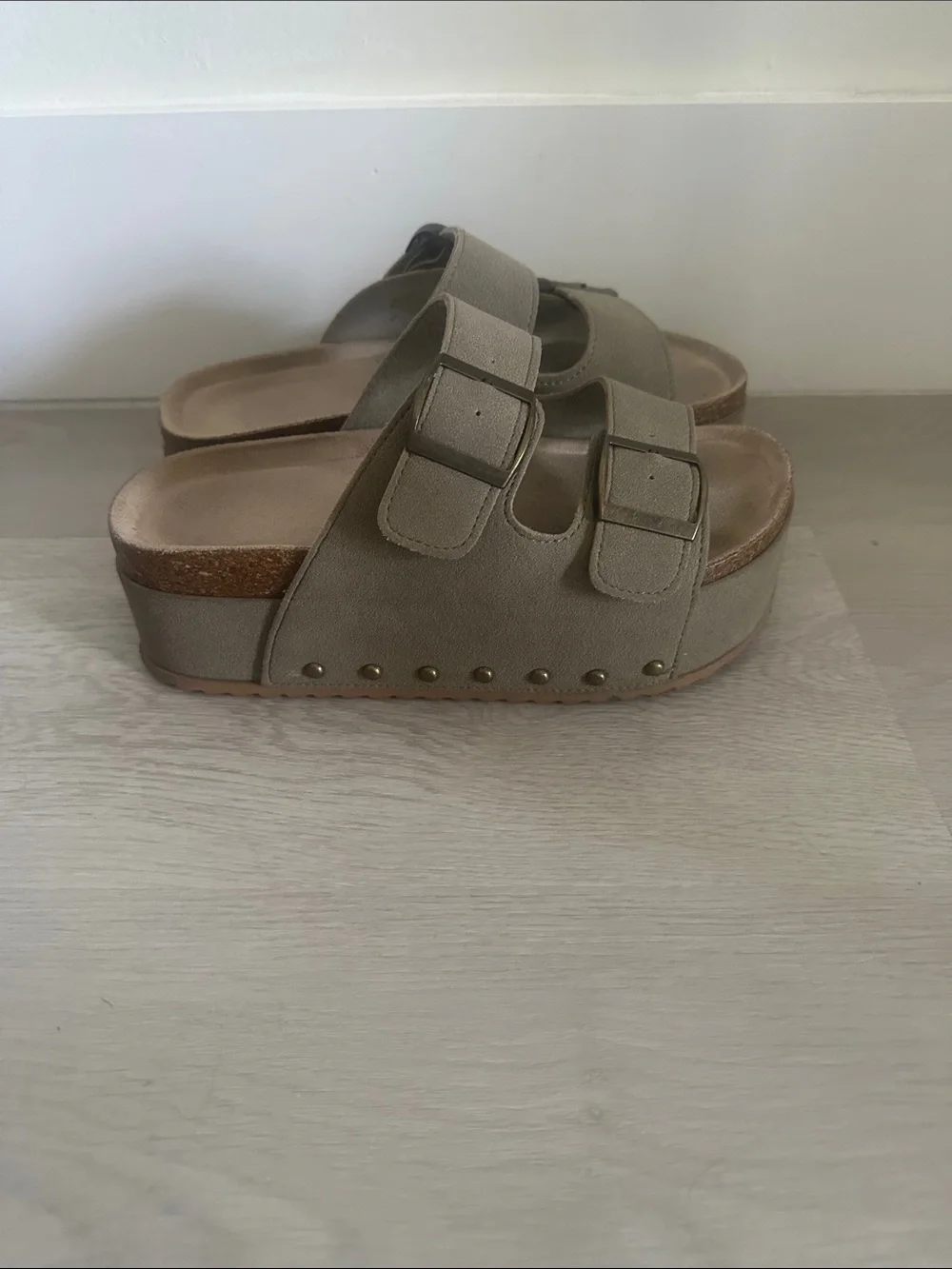 Woman Double Buckle Slide Sandals in Taupe